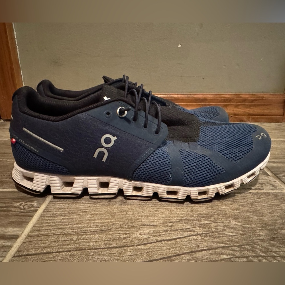 On Running Blue and White Athletic Shoes with Cloud Cushioning